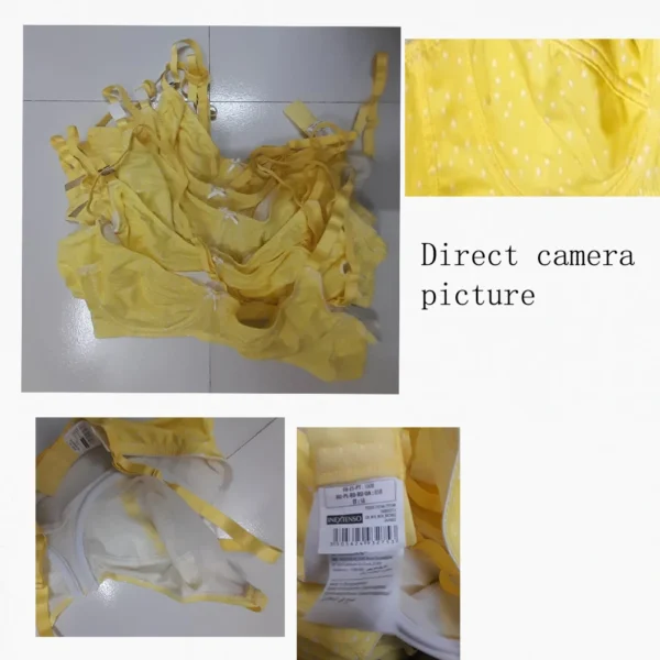 Close-up of women’s yellow bra double fabric layer and nylon net lining – Selaie