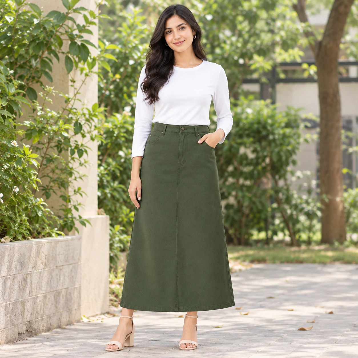 Adjustable Elastic Waist Cotton Twill Skirt for Women