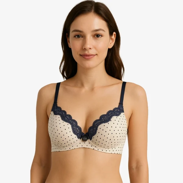 Soft padded cotton bra grey with blue lace – front view