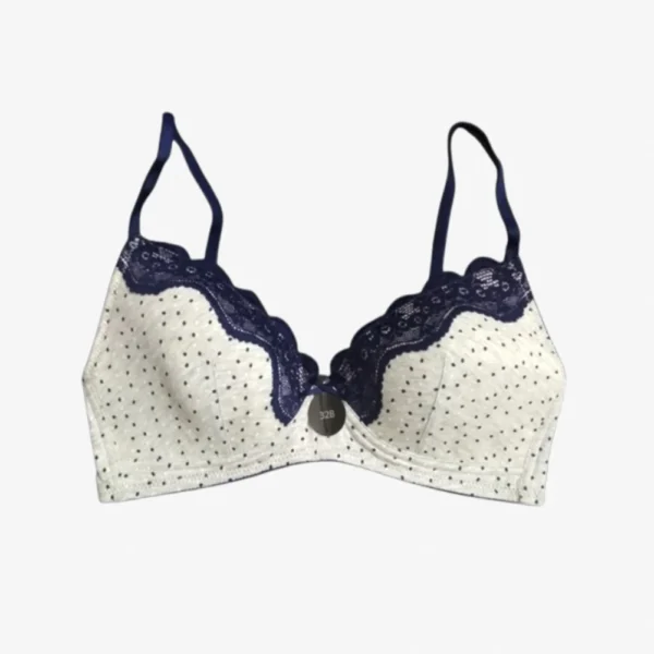 Cotton polyester elastane fabric close-up – grey ball print with blue lace