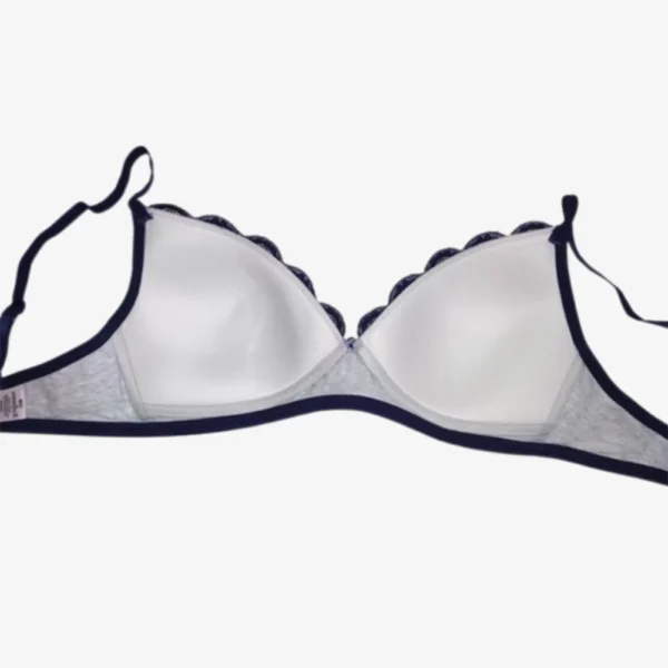 Non-wired cotton padded grey bra with blue lace – back view